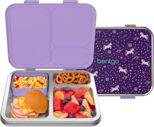 Miniatura 12 de Bentgo Lonchera de acero inoxidable para niños, resistente a las fugas, 3 compartimentos con recipiente de silicona adicional, duradera, ecológica