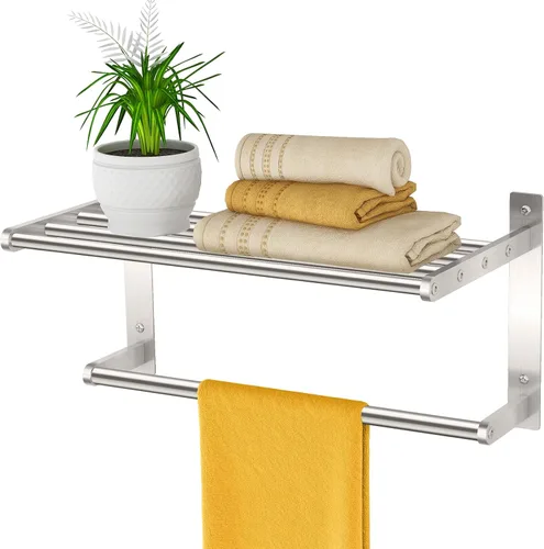 Miniatura 7 de Toallero con Estante de 16", Toalleros de Metal para Baño Montados en la Pared, Estante de Baño con Barra para Toallas Resistente al Óxido Soporte