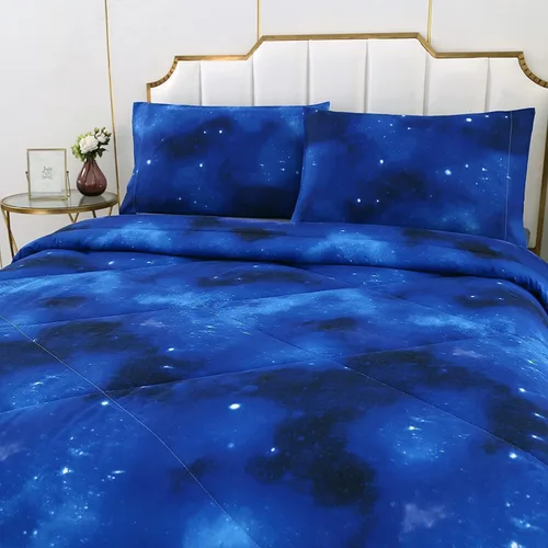 Miniatura 3 de SDIII Juego de edredón de 3 piezas azul de la galaxia tamaño matrimonial, edredón suave de microfibra ligero azul y rosa espacial tamaño Galaxia 1