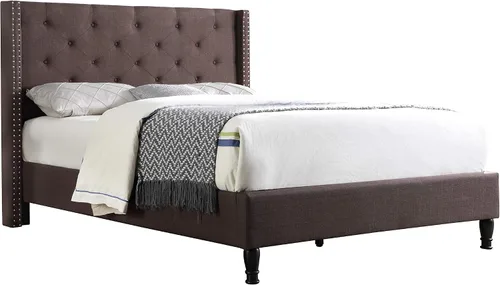Cama con plataforma clásica con cabecero de 51 pulgadas, de la marca Home Life, con tela de lino color marrón claro, cama completa con listones 007,