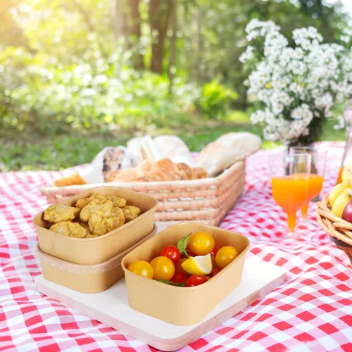 Miniatura 8 de 50 juegos de tazones de papel kraft desechables de 17 oz con tapas, recipientes de papel para alimentos rectangulares con tapas, ensaladeras