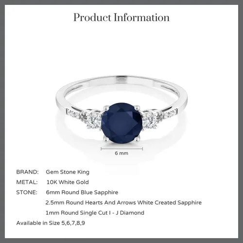 Miniatura 6 de Gem Stone King Anillo de compromiso de 3 piedras de oro blanco de 10 quilates con zafiro y zafiro blanco creado con 3 piedras para mujer