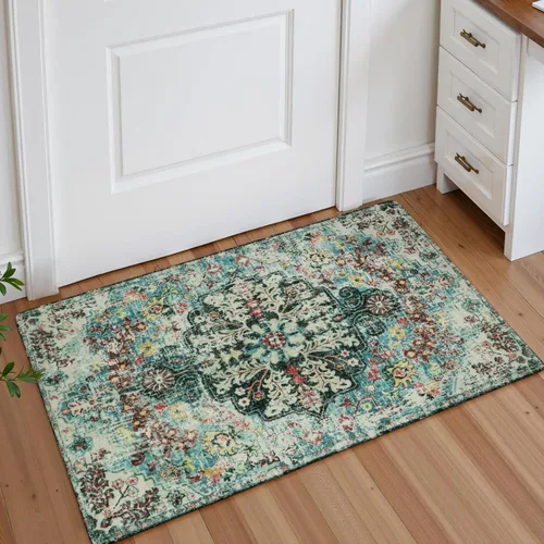 Miniatura 36 de Lahome Alfombra bohemia con medallón floral, 4 x 6 pies, color verde azulado, suave, lavable, antideslizante, apta para mascotas, alfombra