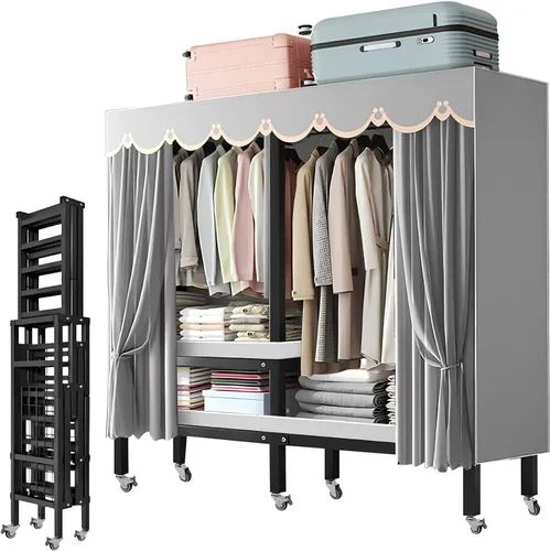 Miniatura 13 de Armario portátil plegable de 59.1 pulgadas para colgar ropa, perchero resistente con cubierta, percheros plegables de metal independientes, armario