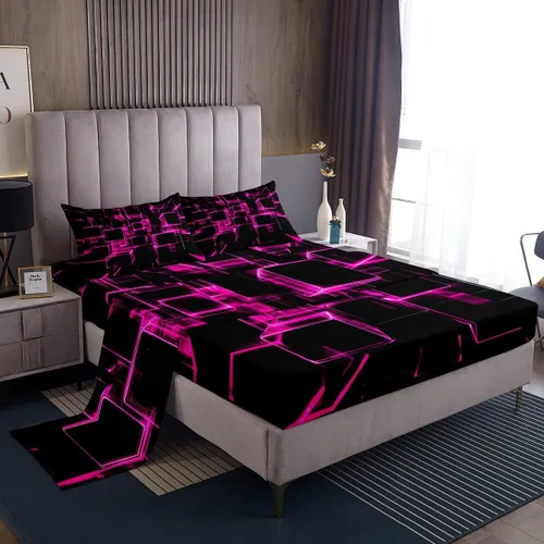 Miniatura 43 de Erosebridal Juego de sábanas de cama negro y rojo, juego de sábanas de tamaño individual abstracto moderno, sábanas a cuadros brillantes 3D, juego