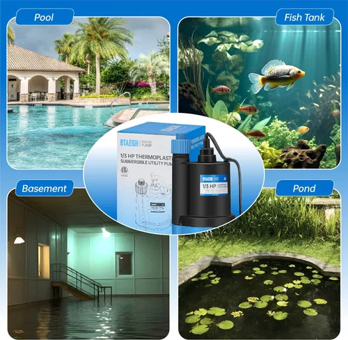 Miniatura 8 de Bomba de agua sumergible de 1/3 HP 2400 GPH Bomba de sumidero pequeña termoplástica eléctrica portátil de transferencia bomba limpia para piscina