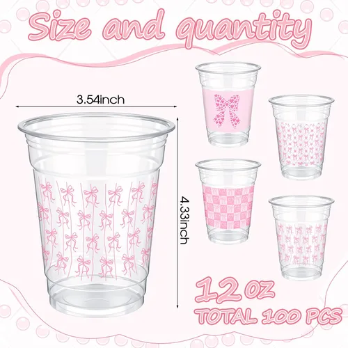 Miniatura 2 de Qinyoung 100 vasos de plástico con lazo rosa de 12 onzas, vasos desechables de coqueta, lazo rosa y corazón, vasos de plástico transparente