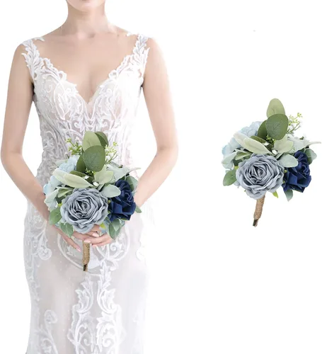 Miniatura 25 de Ramos de dama de honor para boda, juego de 6 ramos de flores artificiales para decoración de otoño, boda, propuesta de matrimonio, fiesta, Naranja