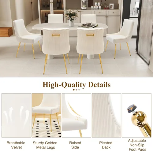 Miniatura 6 de adochr Juego de 2 sillas de comedor modernas con patas de metal dorado, silla de cocina tapizada de terciopelo, respaldo plisado, silla decorativa