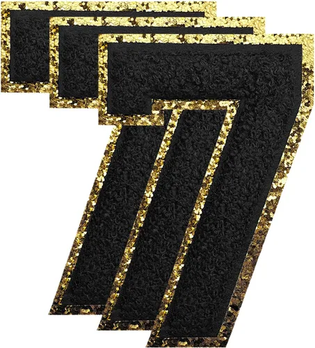 Miniatura 104 de 3 parches de números de chenilla negra, tamaño grande de 4-1/2" parches de números para planchar, parches universitarios para ropa, 8" Borde oro rosa