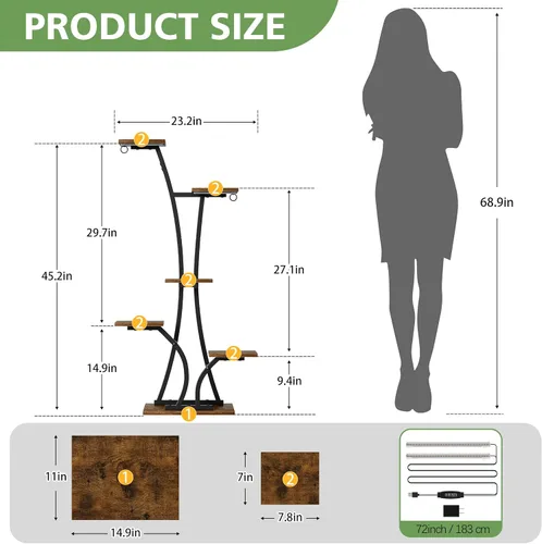 Miniatura 5 de Soporte de plantas MOSTWOGO con luz de crecimiento para plantas de interior, estante de plantas de metal de 6 niveles, estante de plantas