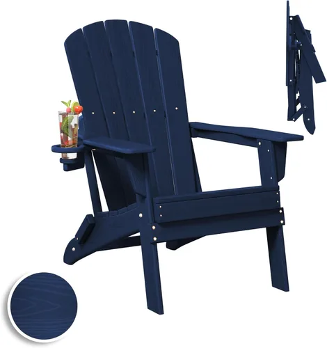 Plawdlik Silla plegable Adirondack, probada por SGS, con textura de madera y portavasos, resistente a todo tipo de clima, HDPE, cómoda, para Azul