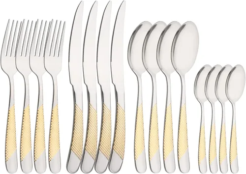 Juego de cubiertos de 16 piezas de acero inoxidable 18/0 plateado con mango dorado, multiuso para el hogar, cocina, restaurante, hotel, servicio de