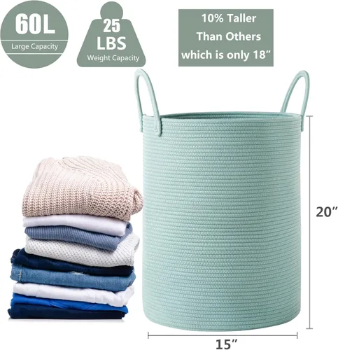 Miniatura 3 de 38x51 cm de alto cesta de lavandería de cuerda de algodón verde, cesta tejida para ropa y cobijas, almacenamiento en dormitorio, sala de estar