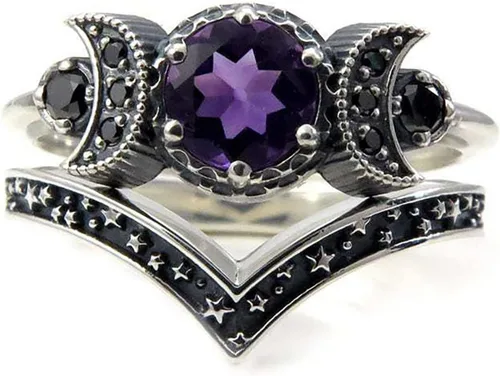 Miniatura 7 de Anillo Dios de triple luna, anillo de amatista roja, regalos de joyería para mujeres y niñas, fases lunares, bohemio, gitano, joyería de festival