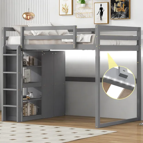 Miniatura 17 de Cama tipo loft de tamaño individual con escritorio en forma de L y 3 cajones, marco de cama de madera con escalera y armario de almacenamiento