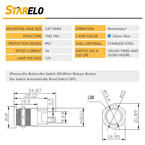 Miniatura 2 de STARELO 5 piezas 16 mm interruptor de botón de presión LED momentáneo, carcasa plateada, interruptor de botón de presión impermeable IP65, 1NO 1NC