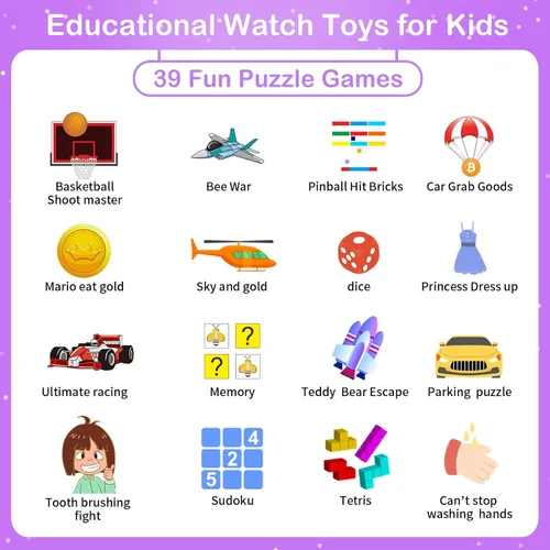 Miniatura 4 de Phyulls Reloj inteligente para niños, reloj inteligente con 39 juegos, cámara, grabadora de video, calculadora de alarma musical, calendario, Negro