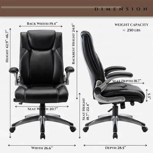 Miniatura 3 de COLAMY Silla Ergonómica de Oficina Ejecutiva con Cuero Sintético Grueso, Reposabrazos Abatibles, Respaldo Alto Ajustable en Altura e Inclinación