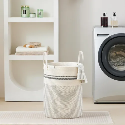 Miniatura 7 de VIPOSCO Cesta alta para ropa sucia, cesta grande para ropa sucia con mango de cuero, cesta de almacenamiento de cuerda tejida para manta, juguete