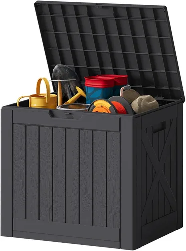 Miniatura 20 de JUMMICO Caja de resina de 31 galones, cajas de almacenamiento impermeables para interiores y exteriores para muebles de patio, cojines y Negro