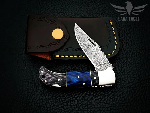 Miniatura 8 de Cuchillo de bolsillo de damasco Lara Eagle para hombres - Cuchillo plegable de caza de 133 capas de acero sólido hecho a mano con afilador y funda