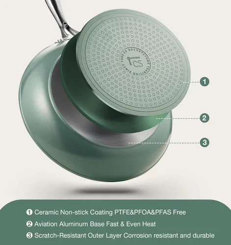 Miniatura 5 de KOCH SYSTEME CS Sartén antiadherente de 10 pulgadas con tapa, sartén de cerámica antiadherente con mango de acero inoxidable que se mantiene fresco
