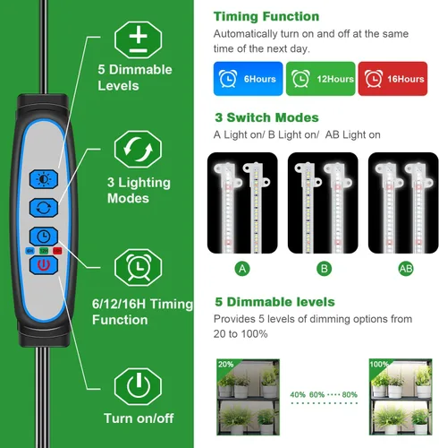 Miniatura 4 de Wiaxulay Luces de cultivo para plantas de interior de espectro completo, 120 luces LED de cultivo de plantas con temporizador de encendido/apagado