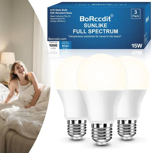 Miniatura 11 de BoRccidt SunLike - Bombilla de luz de espectro completo de 2700 K, LED cálido de 15 W = 100 W, sin parpadeo y sin rayos UV, 90+CRI y 30000 H de vida