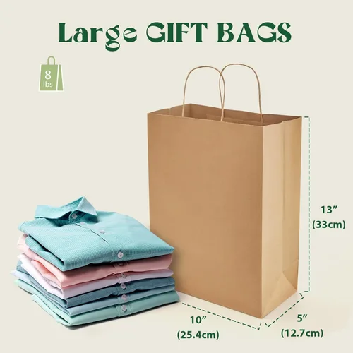 Miniatura 3 de MESHA Bolsas de papel kraft marrón de 10 x 5 x 13 pulgadas, 100 unidades, bolsas de regalo grandes con asas a granel, bolsa de compras reutilizable