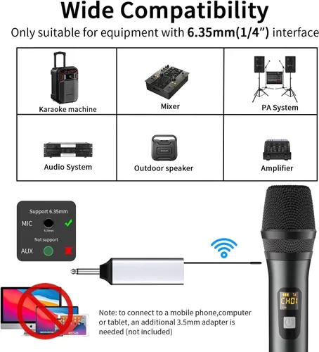 Miniatura 6 de Micrófono inalámbrico, sistema de micrófono dinámico inalámbrico de metal dual UHF de mano con receptor recargable, rango de 200 pies, para karaoke
