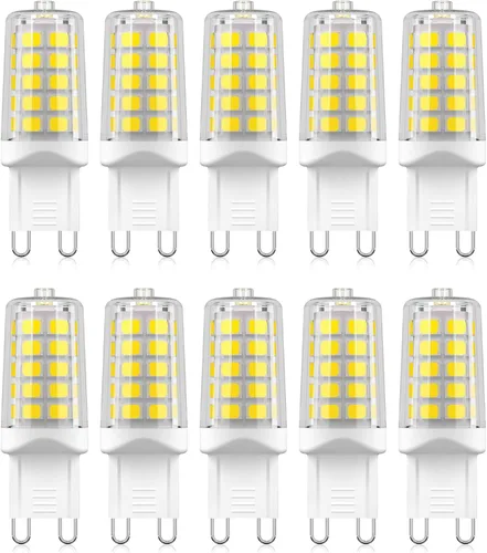 Paquete de 10 bombillas LED G9, bombillas de araña T4 equivalentes a 40 vatios, 4W 5000K luz blanca diurna 450 lúmenes no regulables, base bi-pin G9