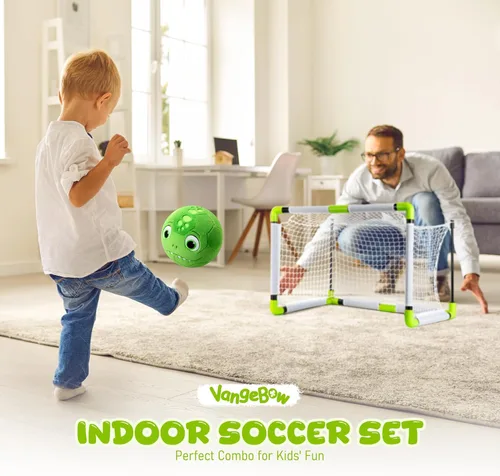 Miniatura 2 de VangeBow Porterías de fútbol de juguete para niños pequeños para patio trasero interior con pelota de dinosaurio de felpa suave, mini redes