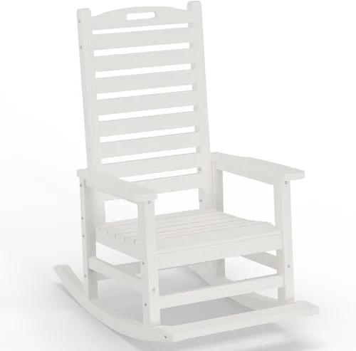 Miniatura 9 de PLUUV Mecedora para exteriores con estribo extraíble para adultos, sillas mecedoras de patio con respaldo alto de HDPE, mecedoras de porche