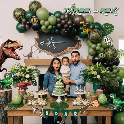 Miniatura 5 de Decoraciones de Fiesta de Cumpleaños de Dinosaurio kit de arco de globos verde cazador negro marrón con mini globos de papel de aluminio de dino
