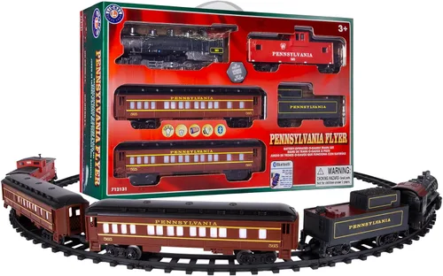 Miniatura 2 de Juego de tren de juguete Lionel Pennsylvania Flyer a batería, escala O, con control remoto, locomotora, vagones de tren y vía con efectos auténticos