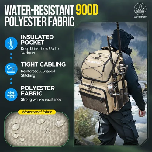Miniatura 8 de PLUSINNO - Mochila de pesca con portacañas y enfriador de 45L, mochila grande resistente al agua para aparejos de pesca, ideal para guardar