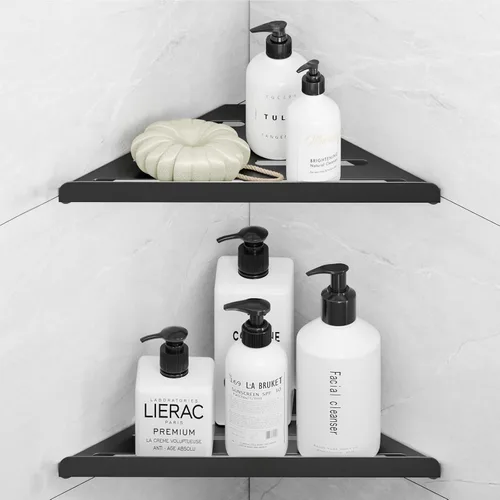 Fikoksol Organizador de ducha, paquete de 2 estantes de esquina de baño, estante triangular para ducha de baño, estante de ducha de metal negro y