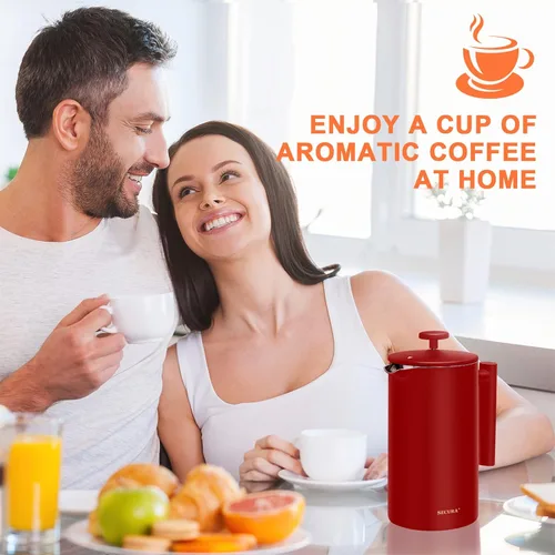 Miniatura 8 de Secura Cafetera de Prensa Francesa, Prensa de Café de Acero Inoxidable de Doble Pared Grado 304 con 2 Filtros Adicionales, 34oz (1L), Rojo