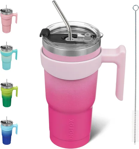Miniatura 13 de BJPKPK Vaso con asa de acero inoxidable de 20 onzas, con aislamiento de doble pared, con tapa y pajita, color rosa claro A-rosa claro