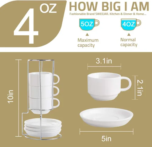 Miniatura 7 de Sweejar - Tazas de café de porcelana con platillos, tazas de capuchino apilables de 4 onzas con soporte de metal para bebidas de café, café