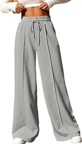 Aleumdr Pantalones deportivos de cintura alta con cordón y pierna ancha con bolsillos, pantalones de yoga sueltos casuales para mujer