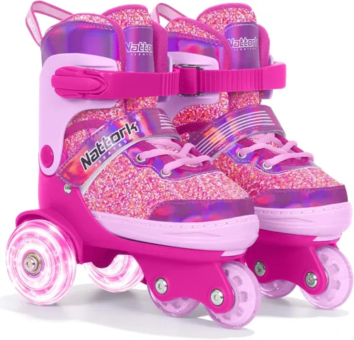 Nattork - Patines de ruedas para niños pequeños, patines de tres ruedas ajustables en 4 tallas para niñas de 3 a 7 años con ruedas iluminadas Dulce