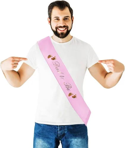 Miniatura 4 de Banda para baby shower con texto en inglés "Dad To Be & Mom To Be", color rosa con letras doradas para papá y mamá para baby shower Banda