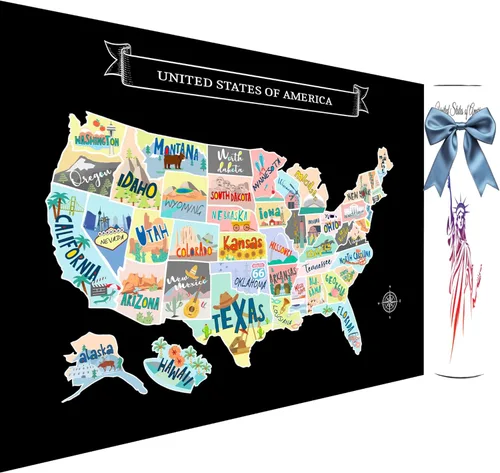 Mapa grande de Estados Unidos para rascar de 23 x 16 pulgadas, diseño de viaje dibujado a mano con accesorios, laminado para decoración del hogar,