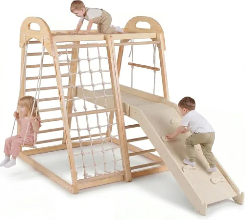 OLAKIDS Gimnasio interior de la selva, 8 en 1 de madera Montessori juguetes de escalada para niños pequeños con rampa ajustable deslizante, escalera