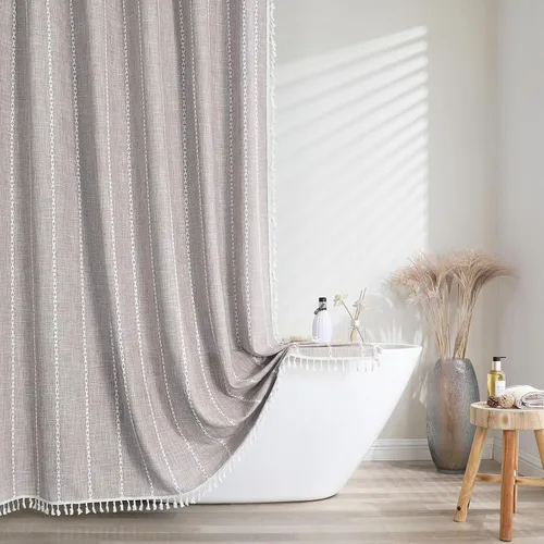 Miniatura 11 de meioro Cortina de ducha bohemia a rayas, juego de cortina de ducha de tela tejida de lino de 10.41 oz/m² con borla, repelente al agua, rústica, Azul