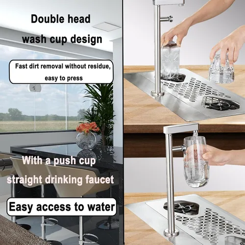 Miniatura 5 de Limpiador de vidrio de doble cabeza con grifo, lavavajillas de vidrio de acero inoxidable para fregadero de cocina, limpiador de vasos