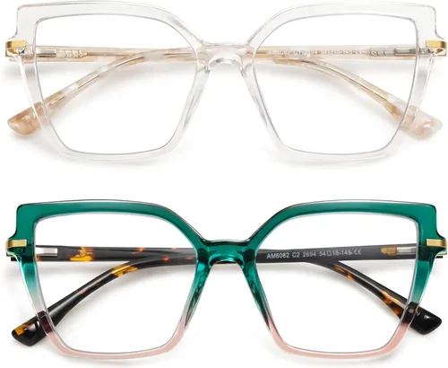 AMOMOMA Gafas de Lectura Cuadradas con Bloqueo de Luz Azul para Mujeres, Lectores de Primavera con Bisagra AM6082 C1.crystal +C2.green Grading Marrón