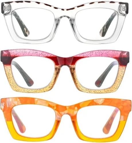 Miniatura 2 de Paquete de 3 gafas de lectura estilo Oprah con bisagra de resorte, bloqueo de luz azul, montura cuadrada para computadora para mujeres y hombres